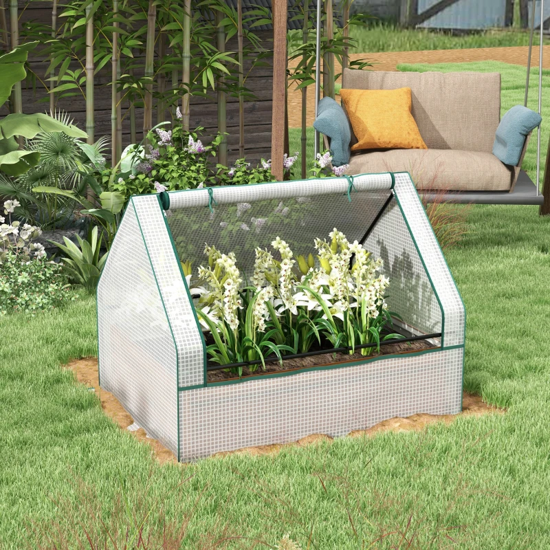 Outsunny Raised Garden Bed, Outdoor Metal Planter Box with Mini Greenhouse, White and Brown