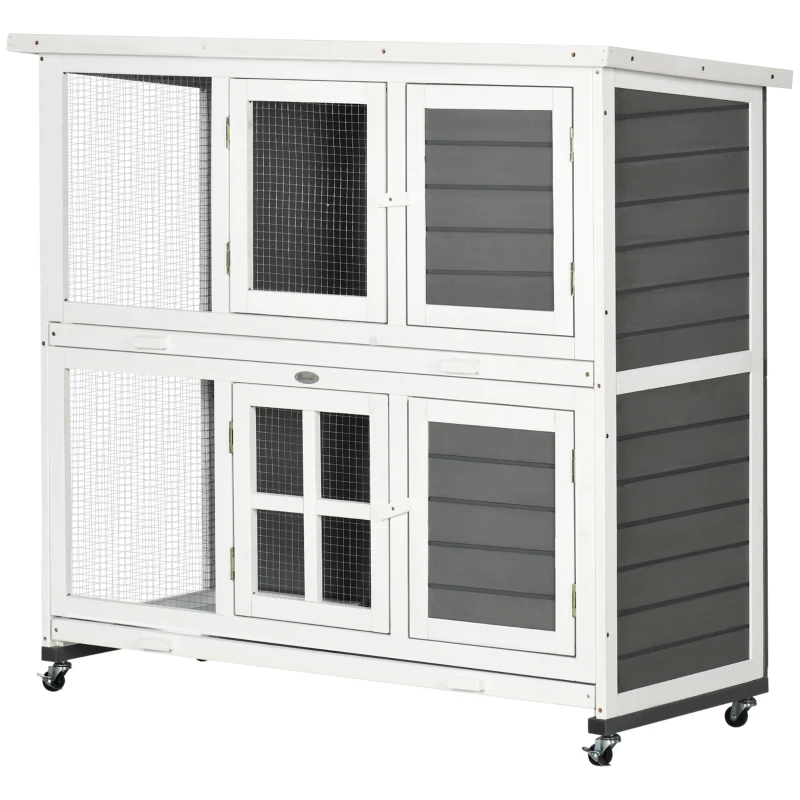 PawHut 2 Tier Wooden Rabbit Hutch with Wheels, Waterproof Roof, Removable Tray for Outdoor & Indoor, Dark Grey