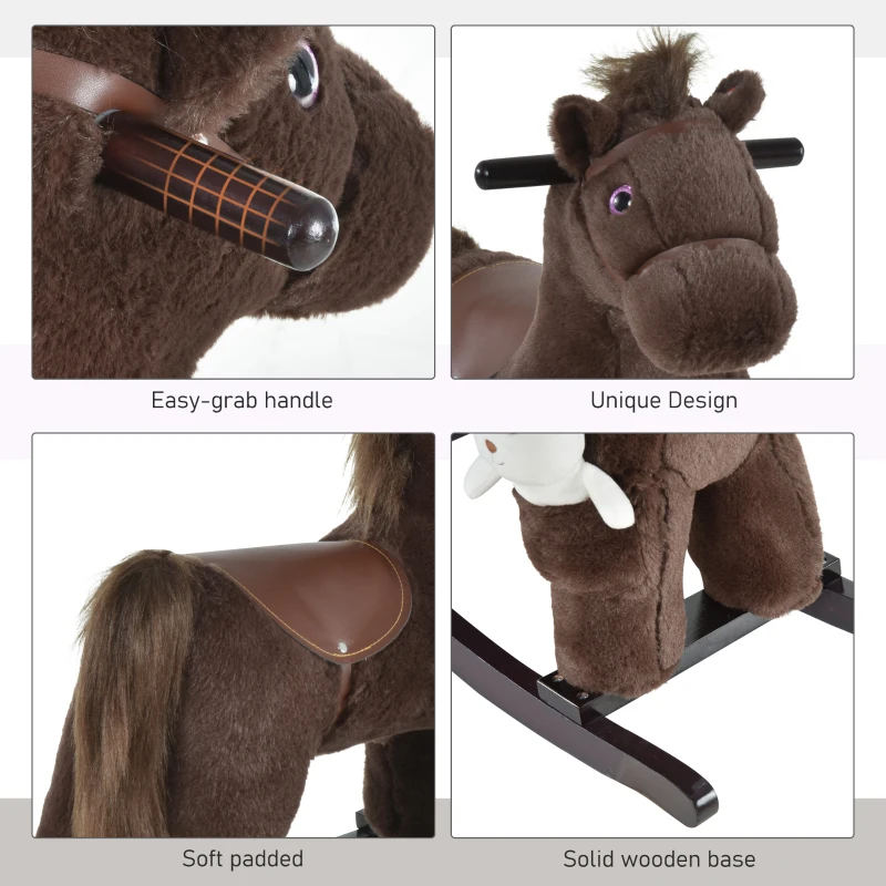 Qaba Kids Rocking Horse Plush Animal on Wooden Rockers with Sounds, Wooden Base and Bear Toy, Baby Rocking Chair, Brown