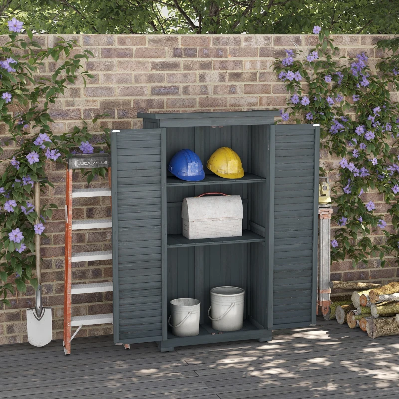 Outsunny Outdoor Garden Shed, Wooden Tool Storage Shed, 3-Tier Shelves, Asphalt Roof, Shutter Doors, 34.3" x 18.3" x 63", Grey