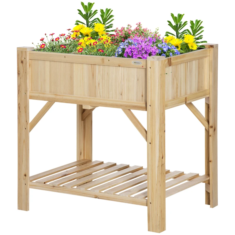 Outsunny 6 Pocket Raised Garden Bed, Elevated Wood Planter Box with Storage Shelf and Non-Woven Fabric, for Vegetable, Flower, Herb in Patio, Backyard, Balcony