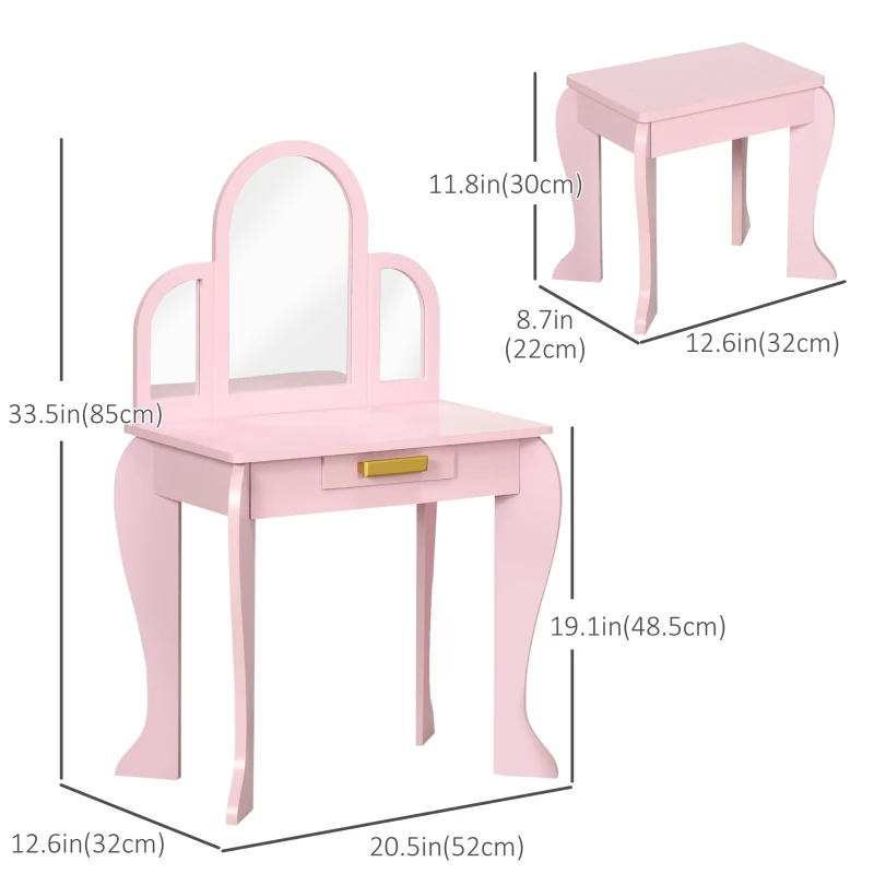 Qaba Kids Dressing Table and Chair Set, Girls Dressing Set, Makeup Desk with Drawer for 3-6 Years Old Kids, Pink