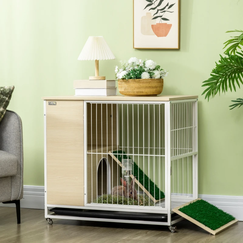 PawHut Indoor Rabbit Hutch Furniture with Wheels, Bunny Cage Side Table with Removable Tray, Water Bottle, Top Access, Oak, 31" x 21" x 30"