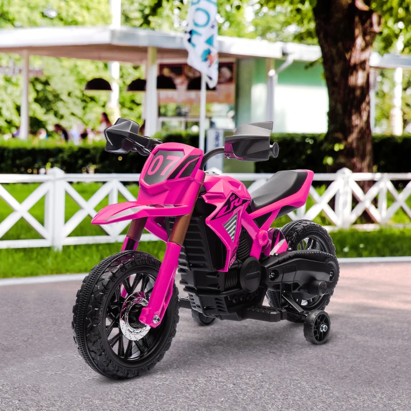 Qaba 6V Kids Motorcycle with Training Wheels, Horn & Start Sound, for 3-8 Years, Pink