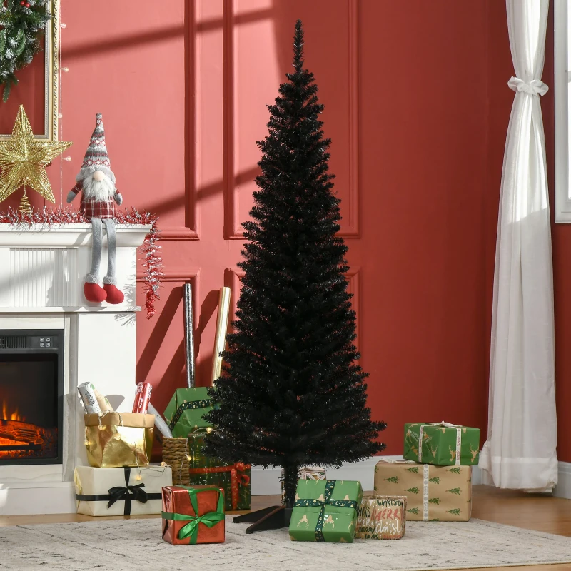 HOMCOM 5' Artificial Pencil Christmas Tree, Slim Xmas Tree with 294 Realistic Branch Tips and Plastic Stand, Black
