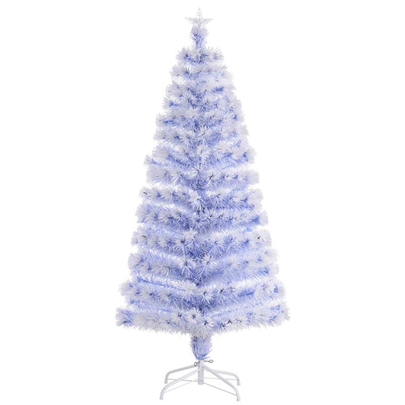 HOMCOM 5ft Tall Pre-Lit Douglas Fir Artificial Christmas Tree with Realistic Branches, Multi-Color LED Lights, Fiber Optics and 180 Tips - White/Blue