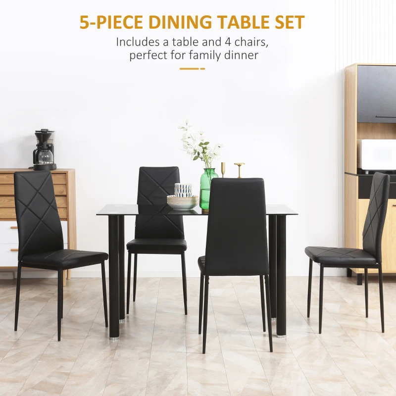 HOMCOM Dining Table and Chairs Set for 4, Modern 5 Pieces Kitchen Table Set with Glass Table, Padded Seat and Steel Frame
