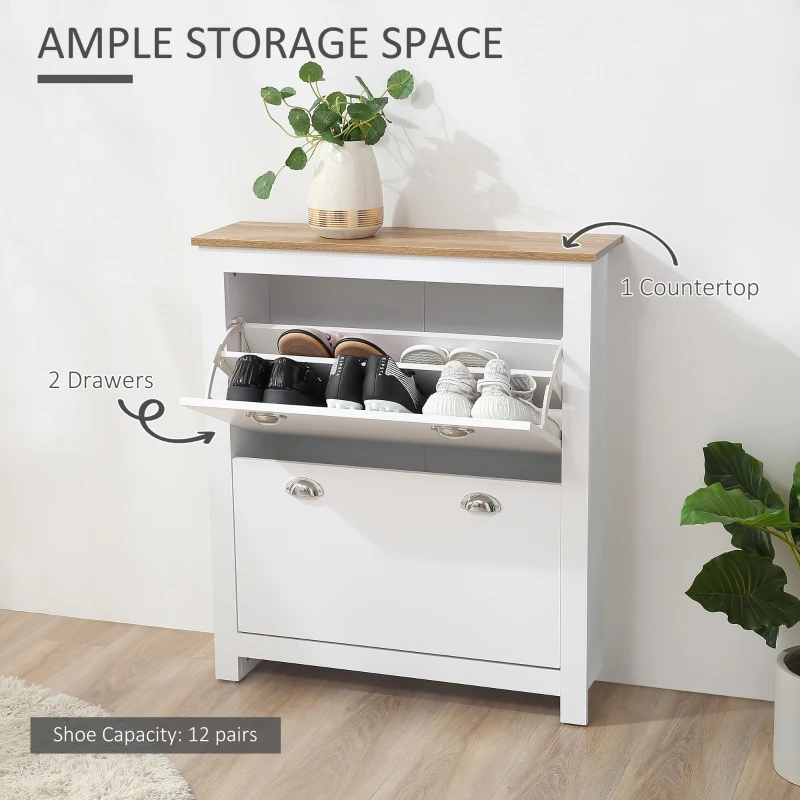 HOMCOM Modern Shoe Cabinet with 2 Flip Drawers and Adjustable Shelves, 12 Pair Shoe Storage Organizer for Hallway, White