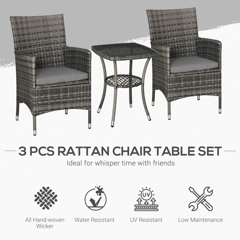 Outsunny 3 Pieces Wicker Patio Furniture Set, Rattan Bistro Set with Glass Top Coffee Table and Cushions, Outdoor Conversation Set for Garden, Porch, Balcony, Mixed Grey