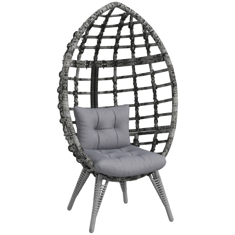 Outsunny Outdoor Egg Chair with Soft Cushion, Patio PE Rattan Wicker Balcony Chair with Height Adjustable Knob, 352lbs Capacity, for Backyard, Garden, Balcony, Lawn, Light Grey