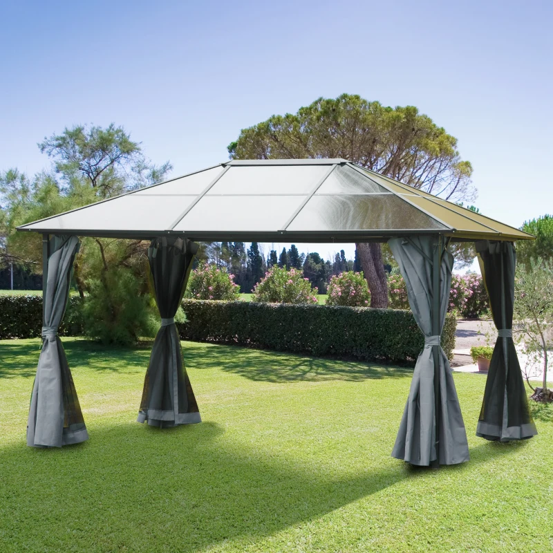 Outsunny 10' x 13' Hardtop Gazebo Aluminum Framed Marquee Party Tent Shelter with Mesh Curtains & Side Walls - Grey