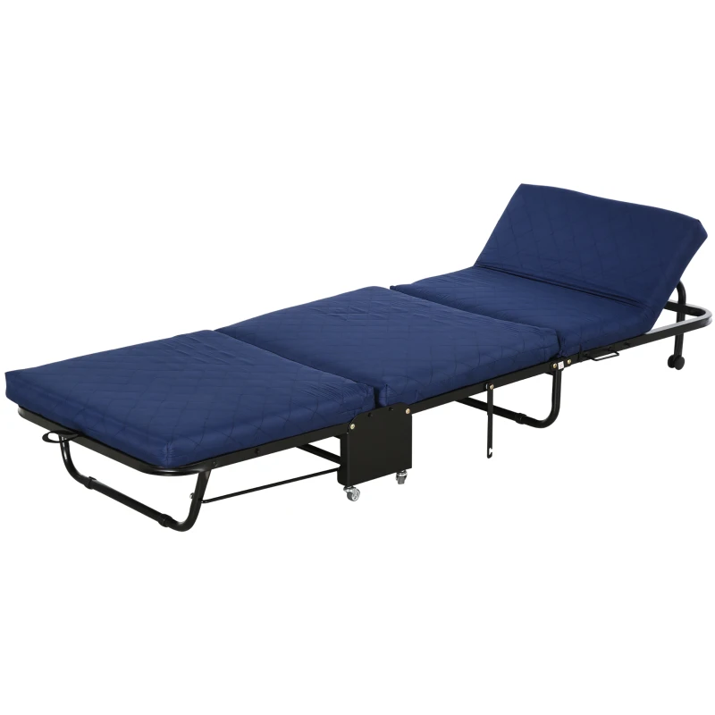 HOMCOM 72.5" Adjustable Folding Bed, Rollaway Guest Bed with Adjustable Head, 2.25 Inch Thick Padded Mattress Heavy Duty Portable Metal Frame with 5 Caster Wheels, Blue
