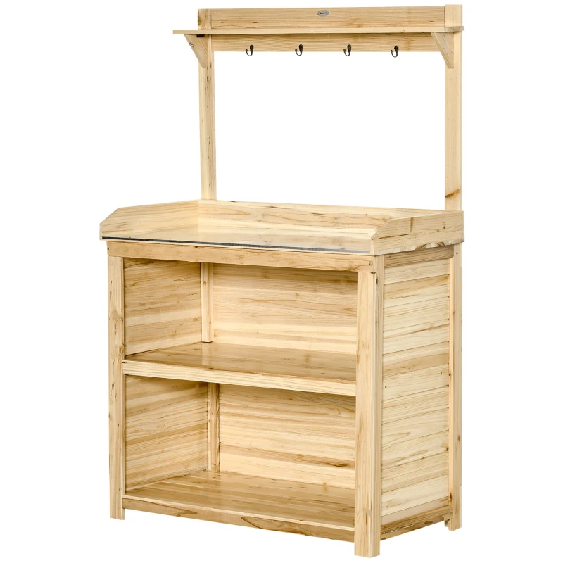 Outsunny Potting Bench Table, Wooden Garden Workstation Bench with Galvanized Metal Tabletop, Storage Shelves and Hooks for Patios, Courtyards, Balcony