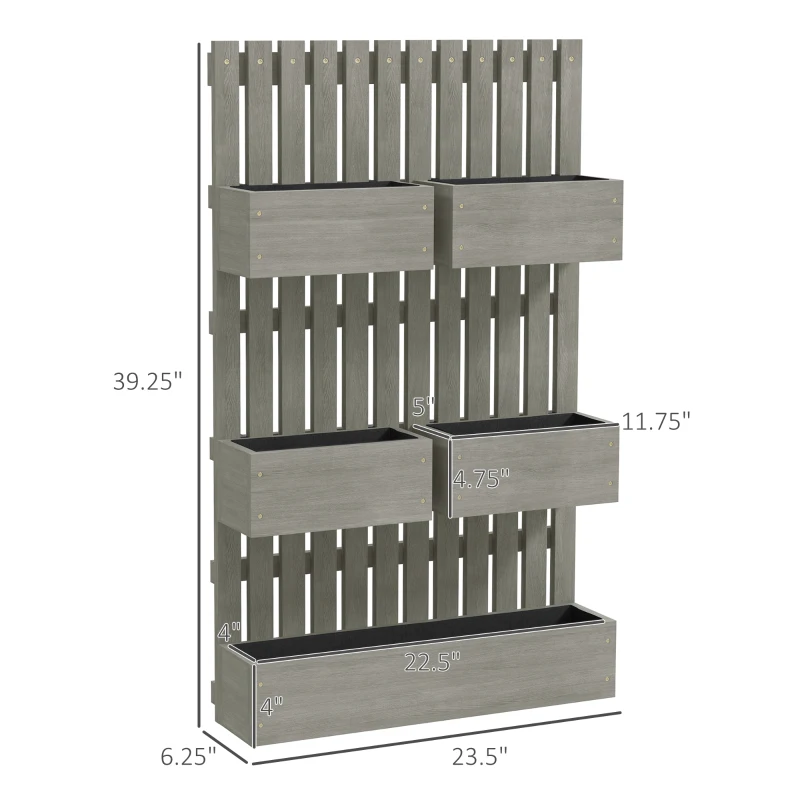 Outsunny 5 Box Raised Garden Bed w/ Trellis for Climbing Plants, Wall-Mounted Wood Planters w/ Drainage Holes, Gray