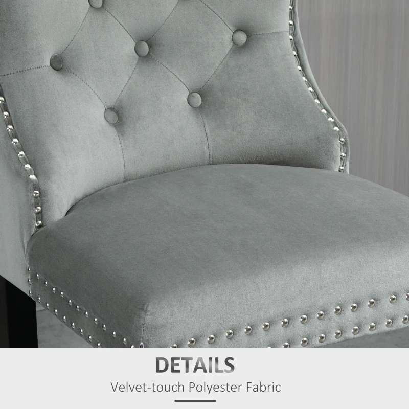 HOMCOM Upholstered Fabric Bar Stool Set of 2, Button Tufted 29.5" Seat Height Pub Chairs with Back & Wood Legs, Grey