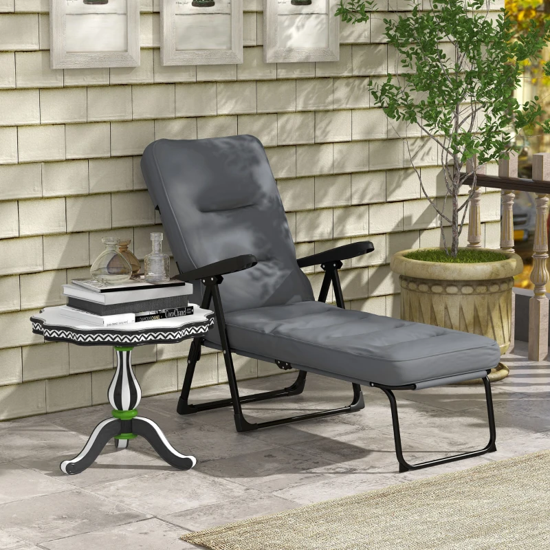 Outsunny Outdoor Lounge Chair with Padded Cushion, Folding Reclining Patio Garden Chair with Recline Back, Footrest, for Poolside, Patio, Light Grey