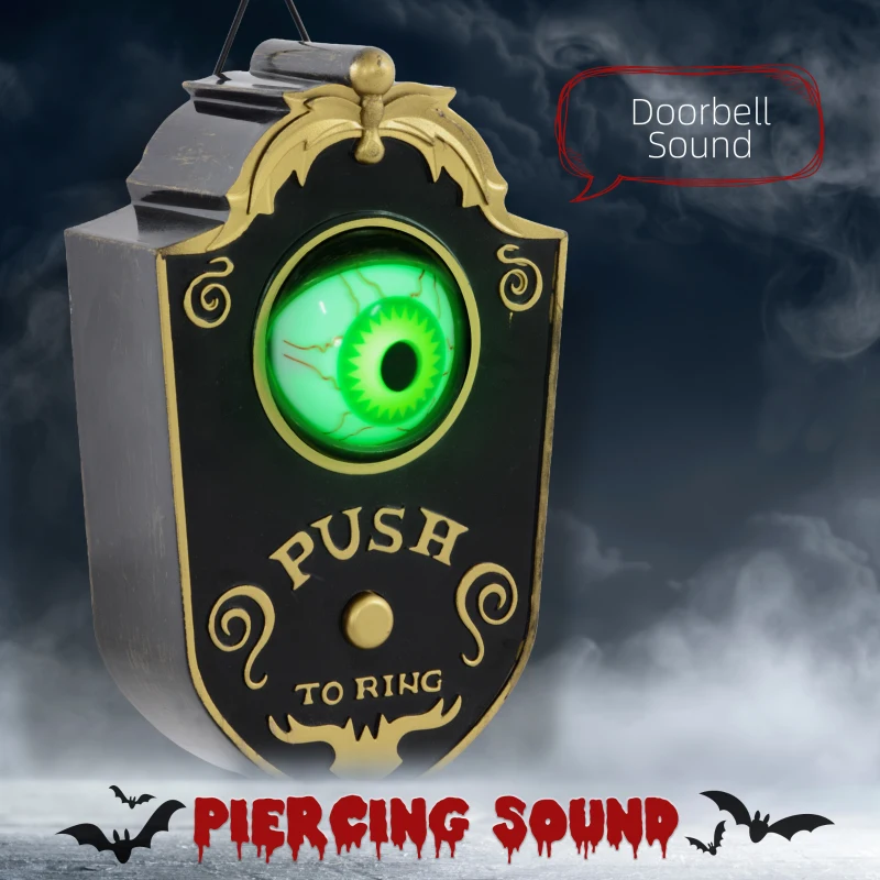 HOMCOM Halloween Decoration Animatronic, Doorbell w/ Realistic Light-up Eyeball, Sound and Motion Prop Activated for Party