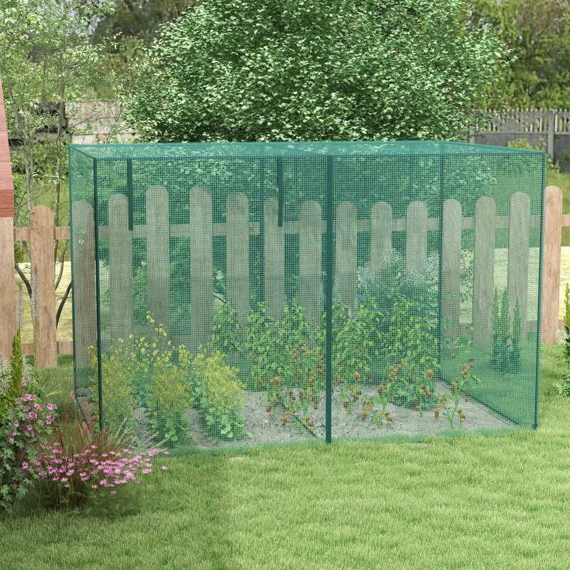 Outsunny 10 x 6.5ft Crop Cage, Garden Plant Protector with Two Zippered Doors, Storage Bag and Ground Stakes, Green