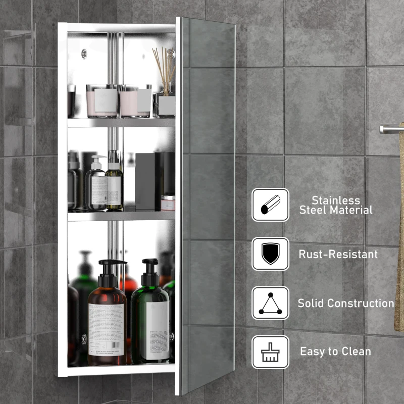 kleankin 12 Inch x 24 Inch Triangle Corner Mirror Medicine Cabinet Wall Mounted with Door 3 shelves, Multipurpose Storage Organizer for Bathroom