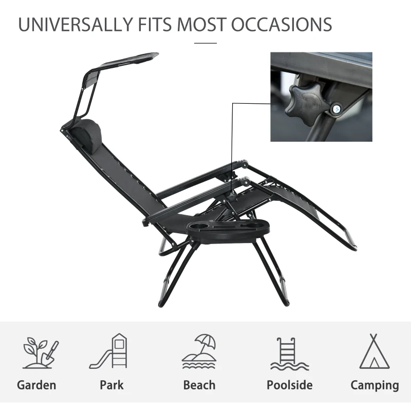 Outsunny Outdoor Zero Gravity Reclining Lounger Chair with Canopy Shade, Side Tray, Cupholder, Black