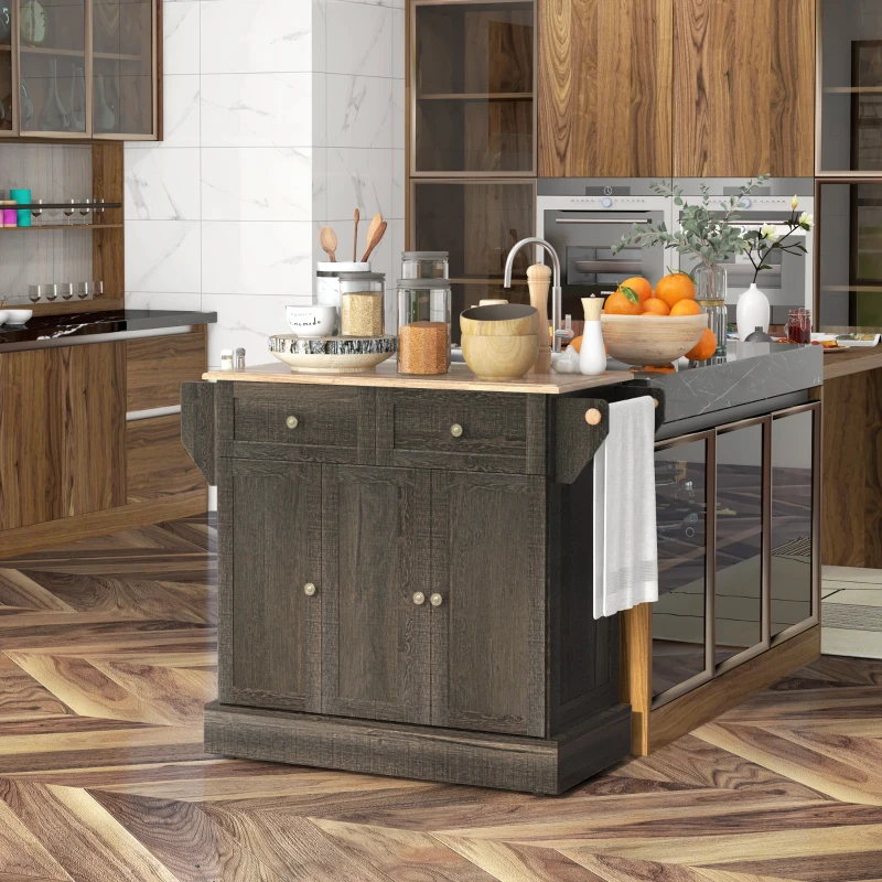 HOMCOM Triple-Cabinet Kitchen Island on Wheels, Kitchen Storage Cabinet with Drawers, Rolling Utility Cart Brown