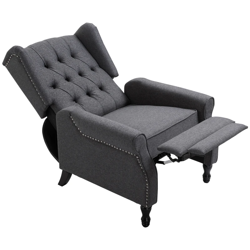 HOMCOM Fabric Upholstered Wingback Recliner, Tufted Push Back Accent Chair, Linen Arm Chair with Footrest, Armrest, Padded Cushion, Dark Grey