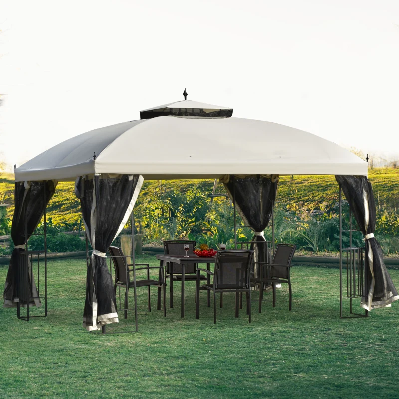 Outsunny 12' x 10' Outdoor Patio Gazebo Canopy with Double Tier Roof, Removable Mesh Sidewalls, Triangular Display Shelves, Beige