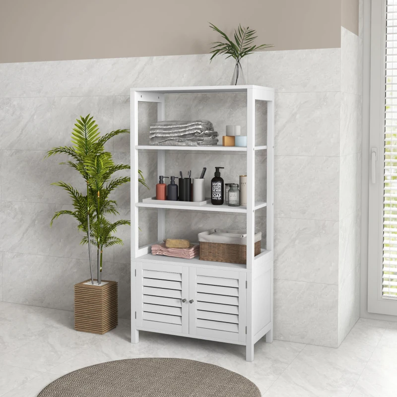 kleankin Modern Bathroom Storage Cabinet, Linen Cabinet with Slatted Doors and 3 Open Shelves, 23.6" x 11.8" x 48", White