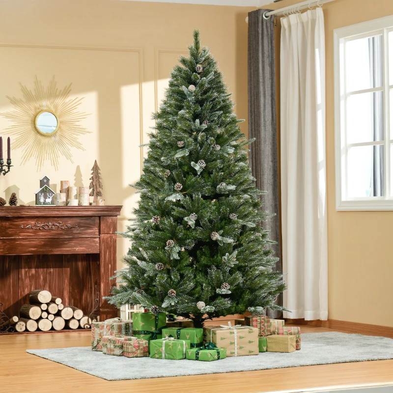 HOMCOM HOMCM 7FT Artificial Christmas Snow Pine Tree Holiday Home Xmas Decoration with Automatic Open, Pinecone, Green