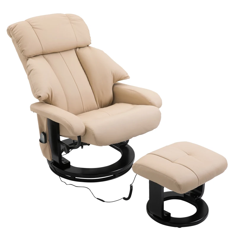 HOMCOM Massage Recliner Ottoman Set Electronic Reclining Chair with Footrest 10 Vibration Motor Swivel Wood Base Beige
