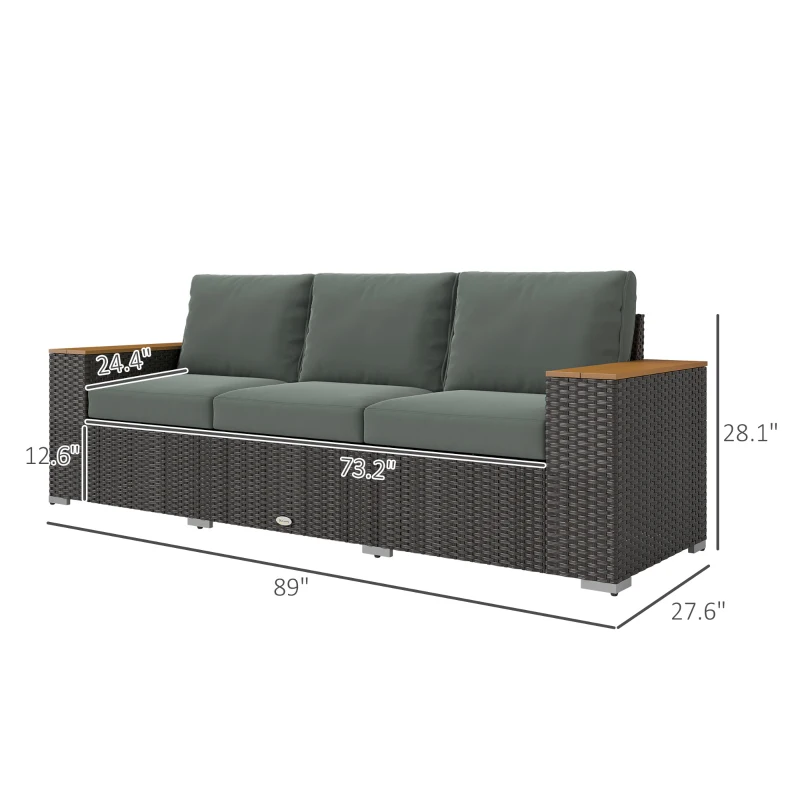 Outsunny 3-Seat Outdoor Patio Sofa with Cushions, PE Rattan Wicker Sofa with Wide Armrests, Outdoor Wicker Couch, Dark Gray(m-3)