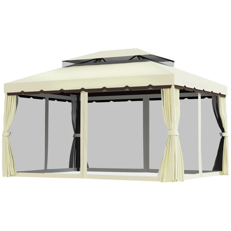 Outsunny 10'x13' Soft-top Aluminum Gazebo Deck Canopy Double Tier Garden Shelter with Netting and Curtains, Cream White