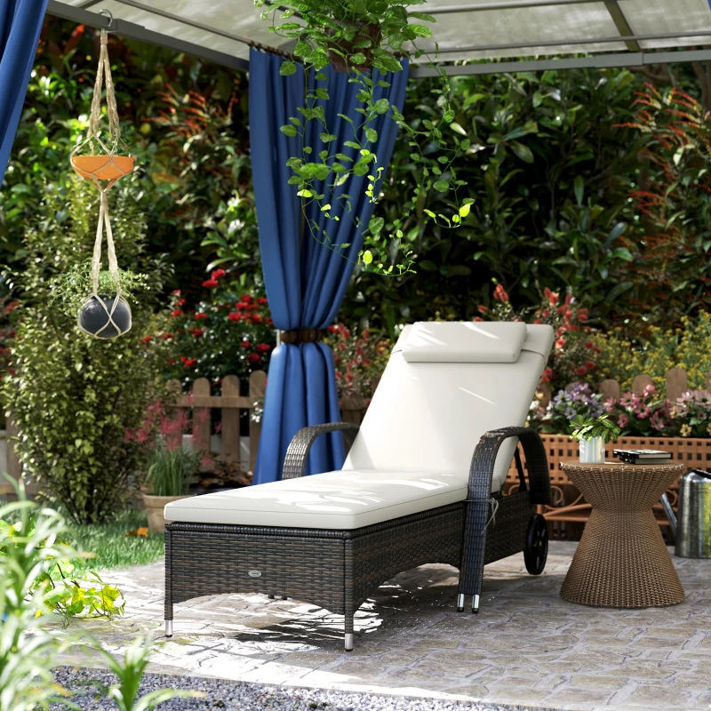Outsunny Outdoor Chaise Lounge, 5-Level Adjustable Backrest Rattan Pool Lounge Chair with Wheels, Cushion & Headrest, Cream