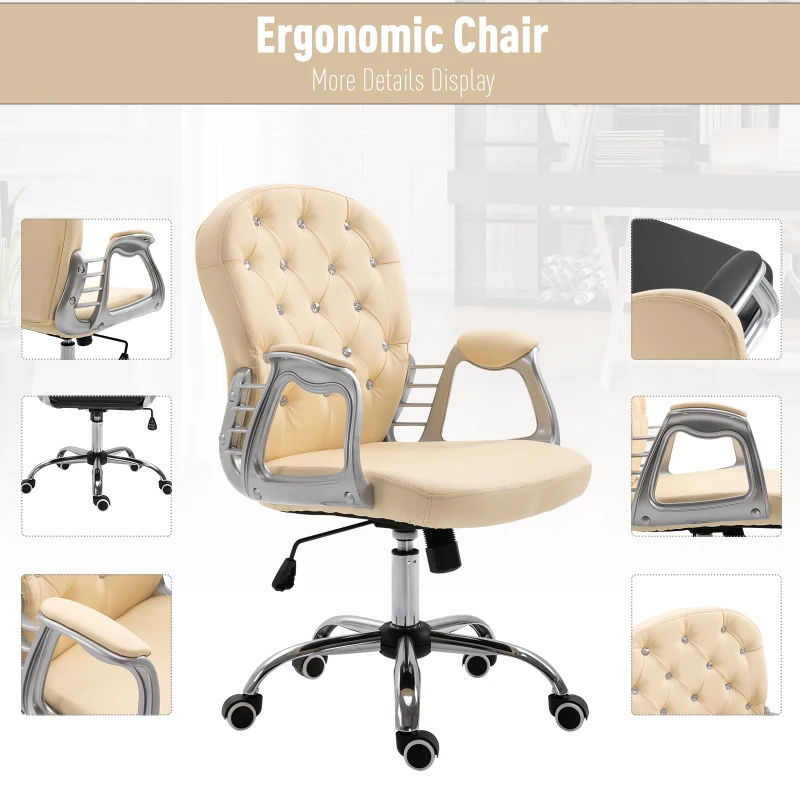 Vinsetto PU Leather Home Office Chair, Button Tufted Desk Chair with Padded Armrests, Adjustable Height and Swivel Wheels, Beige