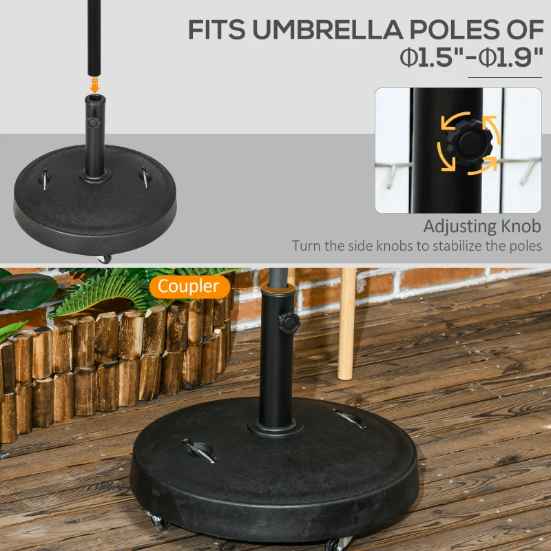 Outsunny 52lbs Resin Patio Umbrella Base with Wheels and Retractable Handles, 20.75" Round Outdoor Umbrella Stand Holder for Parasol Poles 1.5" - 1.9" Dia, Black