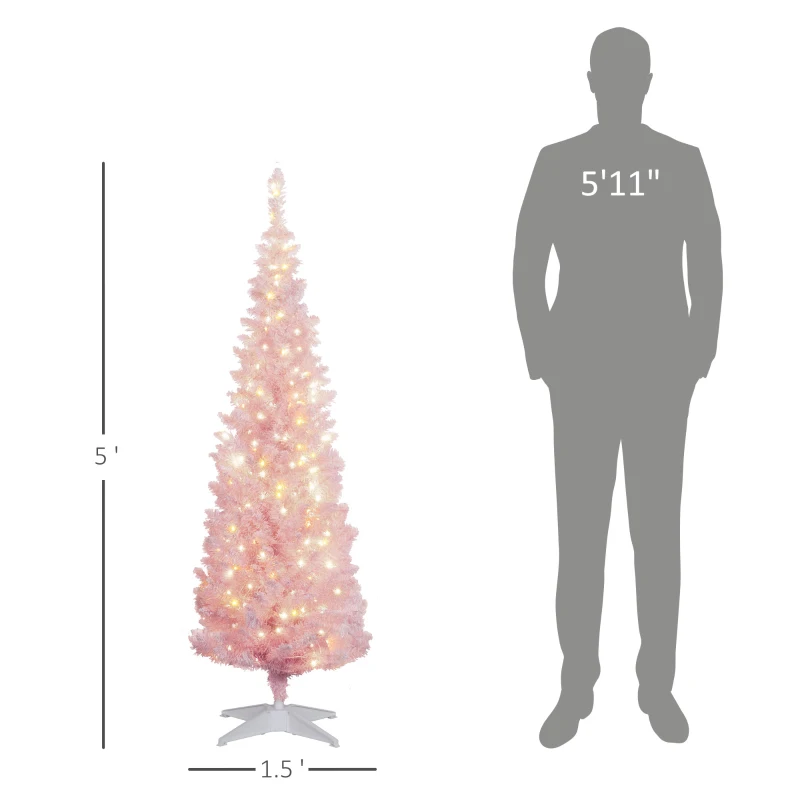 HOMCOM 5ft Pencil Christmas Tree, Slim Artificial Christmas Tree with Snow Flocked Branches and Warm White LED Lights, Pink