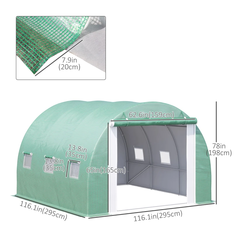 Outsunny 116" x 116" x 78" Large Walk-in Double Cover Polytunnel Greenhouse Outdoor w/ Roll-Up Zipper Doors and Windows Grow Plants, Seedlings, Herbs, or Flowers In Any Season-Gardening