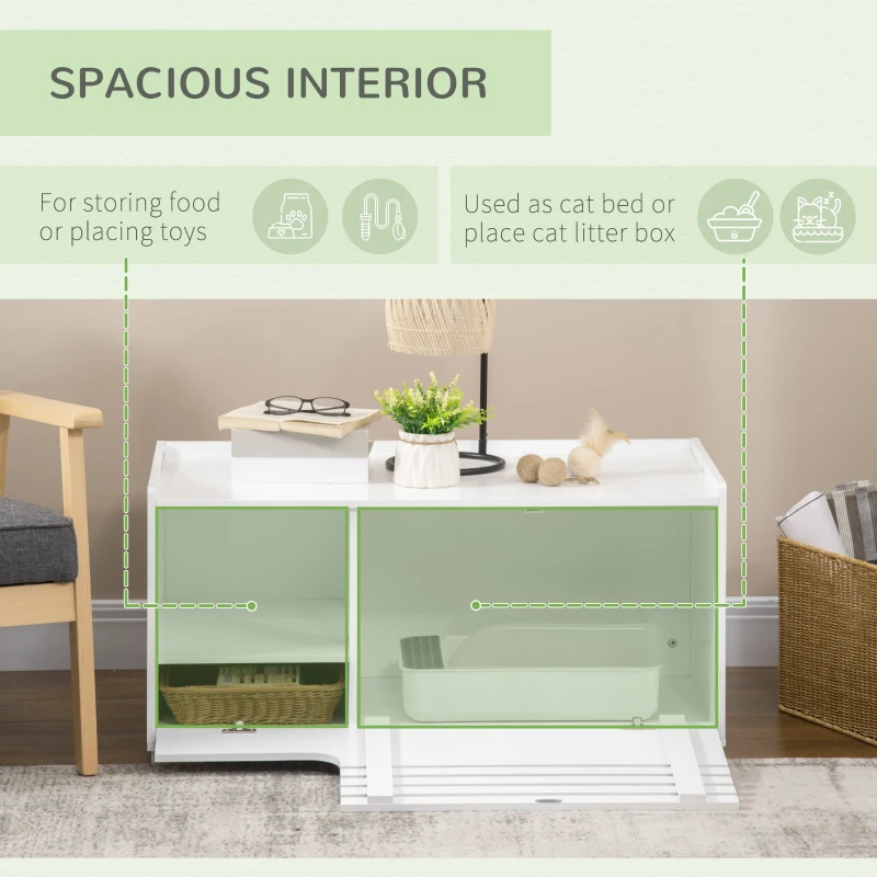 PawHut Cat Litter Box Enclosure with Spacious Interior, Cat Washroom Storage End Table for Indoor Cats with Hidden Storage Cabinet Space, Elevated Bottom, White