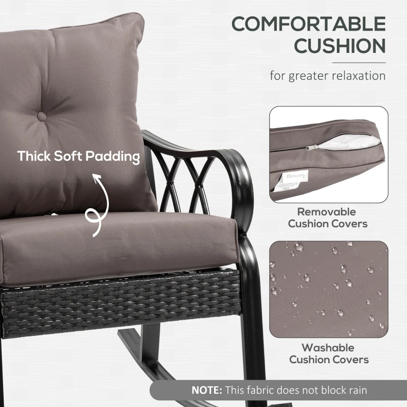 Outsunny 2 Piece Outdoor Wicker Rocking Chairs Rattan Porch Rockers with Cushions, Aluminum Frame for Garden, Patio, Gray
