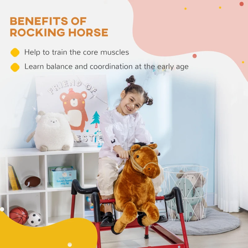 Qaba Kids Spring Rocking Horse, Ride on Horse for Girls and Boys with Animal Sounds, Plush Horse Ride-on with Soft Feel, Interactive Toy for Kids