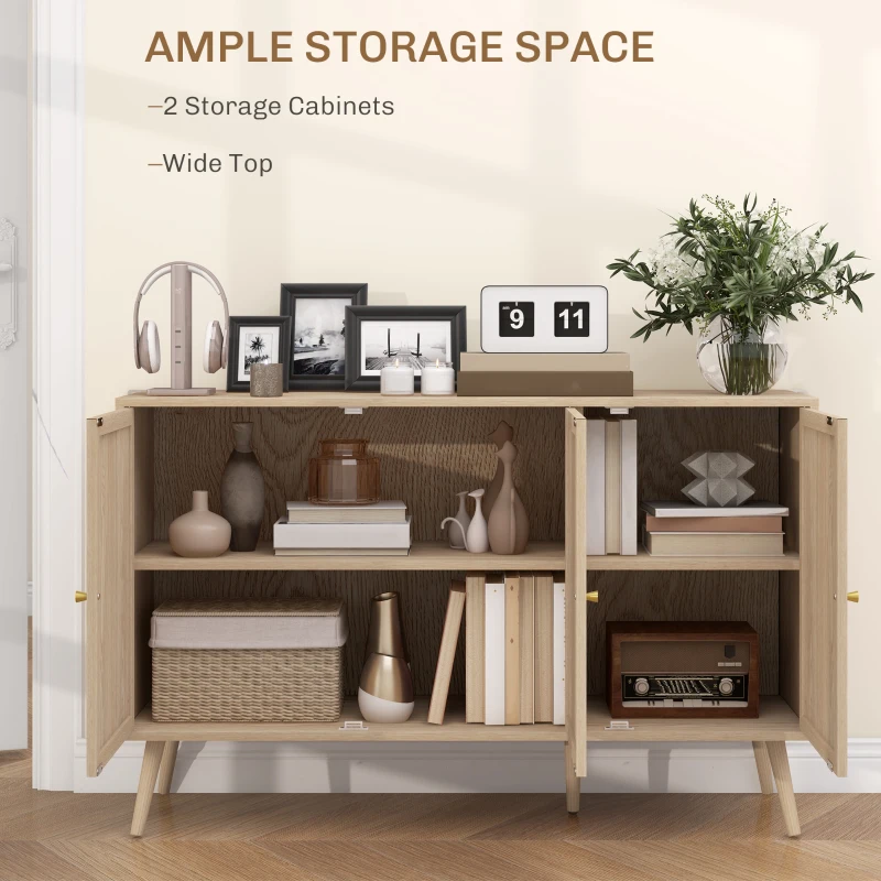 HOMCOM Kitchen Sideboard Cabinet, Boho Storage Cabinet with Shelves, Wood Legs, Decorative Rattan Doors, Natural