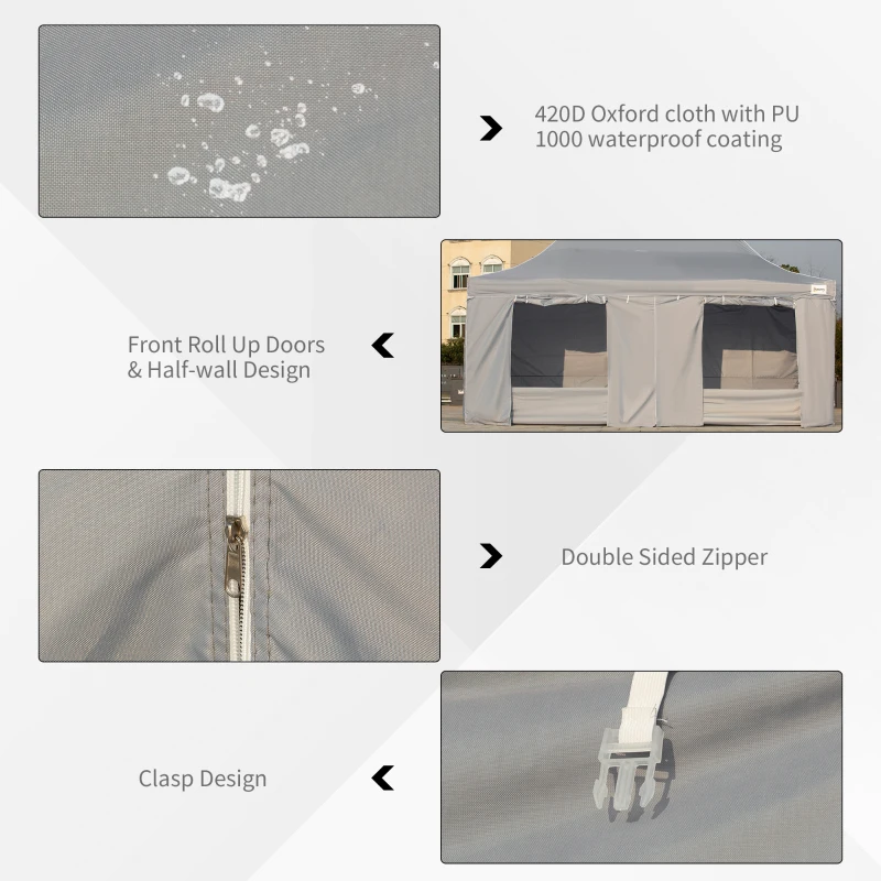 Outsunny 10' x 20' Pop Up Canopy Tent with Sidewalls & Doors, Instant Tents for Parties with Wheeled Carry Bag, Height Adjustable, for Outdoor, Garden, Patio, Gray