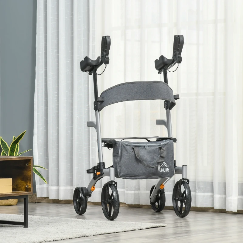 HOMCOM Aluminum Upright Walker with 10'' Wheels, Seat and Backrest, Folding Rollator Walker with Storage Bag, Silver