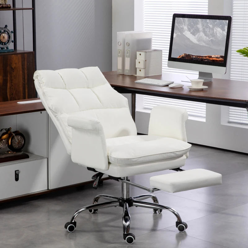 HOMCOM PU Leather Executive Office Chair, Ergonomic and Reclining Office Desk Chair with Footrest, White