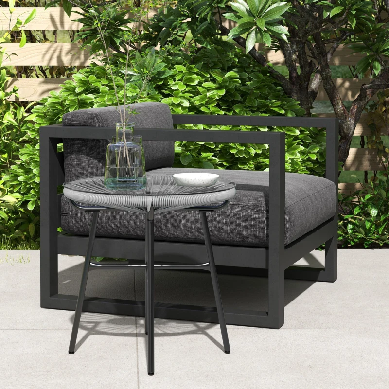 Outsunny Rattan Side Table, Round Outdoor Table, with Round PE Rattan and Tempered Glass Table Top for Patio, Garden, Grey
