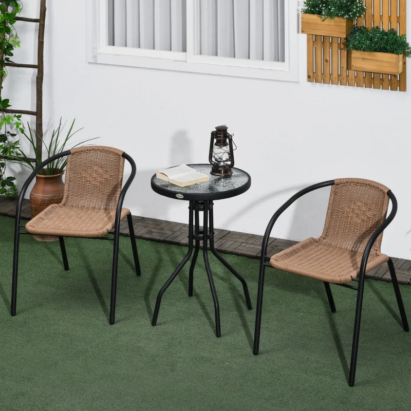 Outsunny 3 Pieces Outdoor Wicker Furniture Set with 2 Stackable Chairs, Tempered Glass Coffee Table for Garden, Backyard, Brown