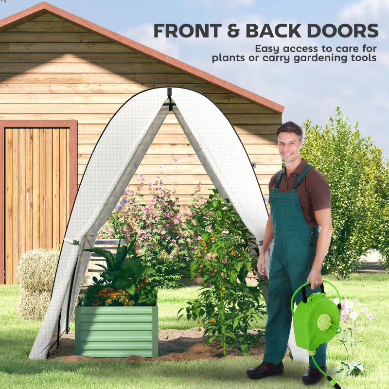 Outsunny Tunnel Hoop House Greenhouse with Sandbags and Hemmed PE Cover, 2 Doors and Screen Windows, 6' x 6' x 6.6', White