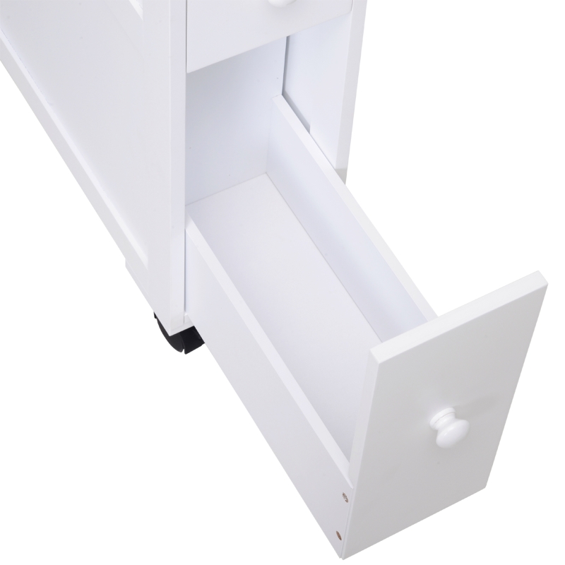HOMCOM 6.25" x 20.5" x 28.25" Wood Rolling Narrow Bathroom Side Storage Cabinet - White