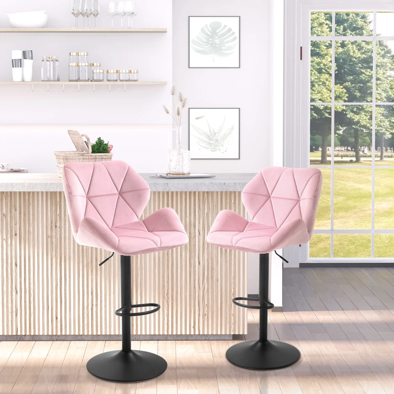 HOMCOM Velvet-Touch Bar Stool Set of 2 Fabric Adjustable Height Armless Counter Chairs with Swivel Seat, Pink