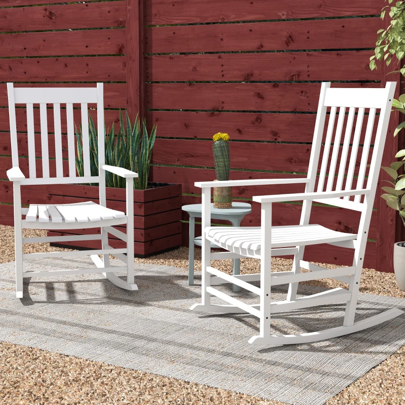 Outsunny Wooden Rocking Chair Set, Curved Armrests, High Back, Slatted Seat Outdoor Rocker Set, White